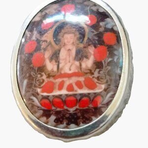 Buddhist Amulet Necklace Brown Leather Cord Silver Tone Pendant Spiritual VTG